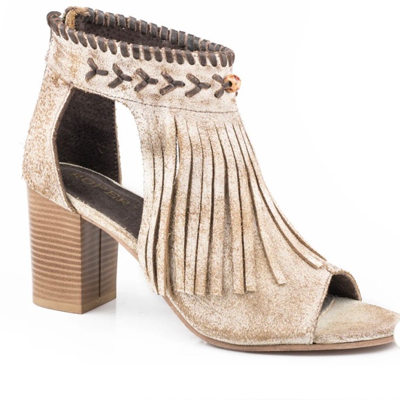 Roper Shoes - Roper Bettina Fashion Leather Open Toe Sandal Vintage Beige Suede Tan Fringe New